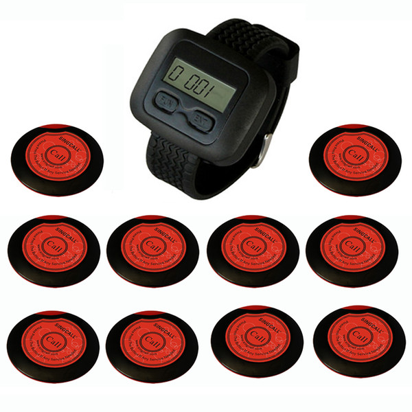 SINGCALL wireless hotel bank service system, thin one-button pager, 10 pagers and 1 pc Watch Receiver