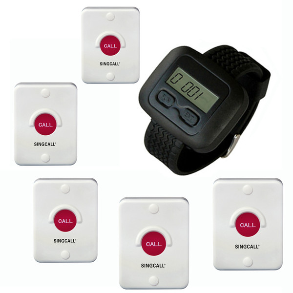 SINGCALL Wireless nurse Calling Systems for kitchen, hospital, KTV, coffee shop, 5 pagers,bells and 1 watch for restaurant