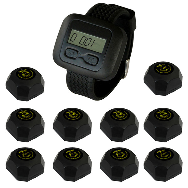 SINGCALL wireless waiter servicing system,servicing custom,10 pcs black buttons and one watch for waiter