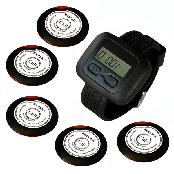 SINGCALLwireless waiter pager system for restaurant,supermarket and so on,5pcs of table button and 1 pc of wrist watch receiver