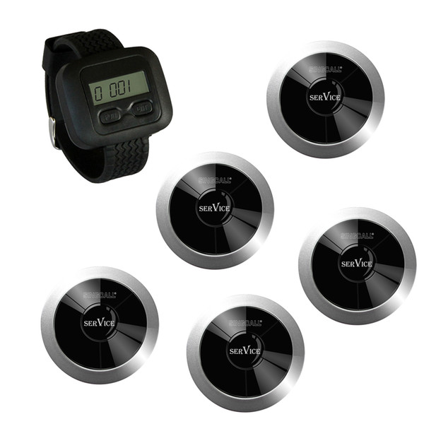 SINGCALL Wireless Restaurant Calling System, 1 watch and 5 service call button,APE310,360 Degree Waterproof No Screw Pager,silver pager