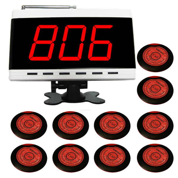 Singcall. wireless paging system.10 single button slim table bells and 1 pc white display receiver