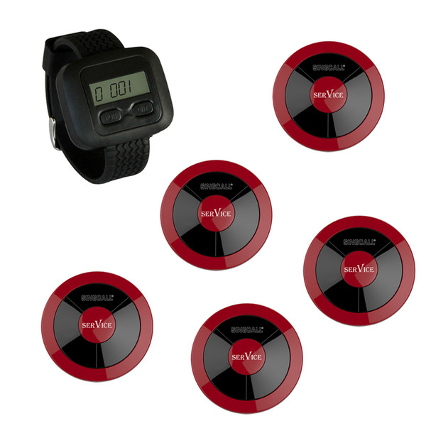 SINGCALL Wireless Waiter Calling System for Kitchen, Bar,1 Watch and 5 red service call buttons