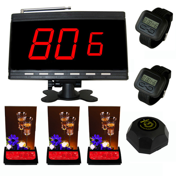 SINGCALL Wireless calling system,black host and 2 wrist watches,plus 3 multi-button pagers and 1 black bell