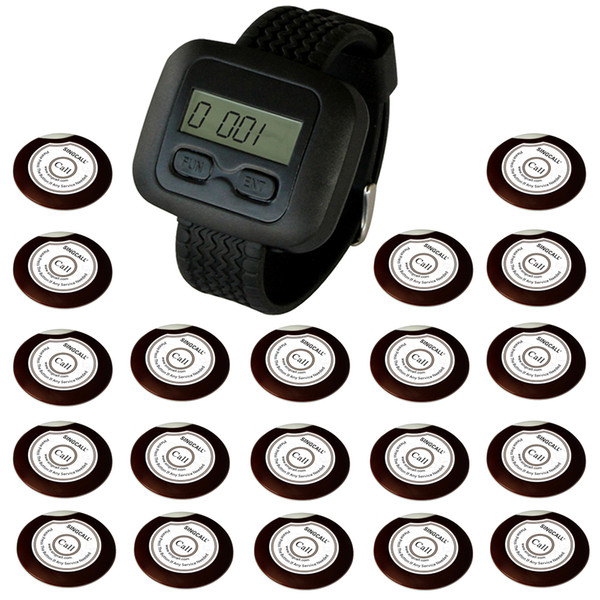 SINGCALL Wireless Hospital Calling System for Restaurant, Hotel, Coffee Shop 20 Oon-Button Bells and 1 Watch Receiver