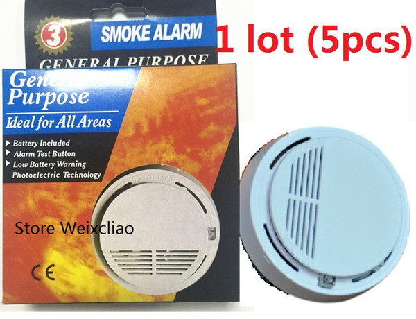 5pcs 1 lot With 9V Battery Option General Purpose Smoke Alarm Wireless Detector Fire Sensor Monitor Cordless for All Areas Free Shipping