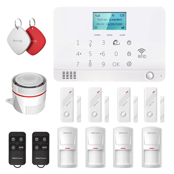 Wolf-Guard LCD GSM SMS Wireless Home Alarm Security Burgle System App Control Door/Window Sensor PIR Motion Detector Keyfob Remote 433MHZ