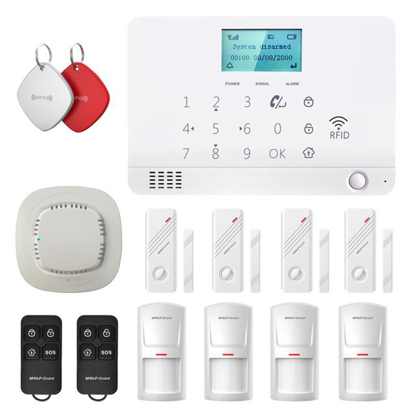 Wolf-Guard 128*64 LCD GSM Wireless Home Alarm Security Burgle System App Control Door/Window Sensor PIR/Smoke Motion Detector Keyfob Remote