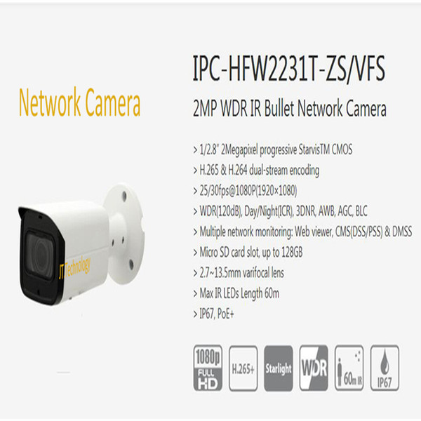 In Stock Free Shipping DAHUA IP Camera 2MP WDR IR Bullet Network Camera With POE IP67 with Logo DH-IPC-HFW2231T-VFS