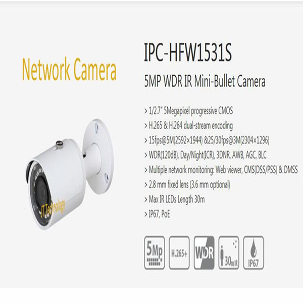 Free Shipping DAHUA Security CCTV IP Camera 5MP WDR IR Mini-Bullet Camera With POE IP67 Without Logo IPC-HFW1531S