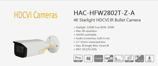 Free Shipping DAHUA Security Camera CCTV 4K Starlight HDCVI IR Bullet Digital Video Camera IP67 without Logo HAC-HFW2802T-Z-A