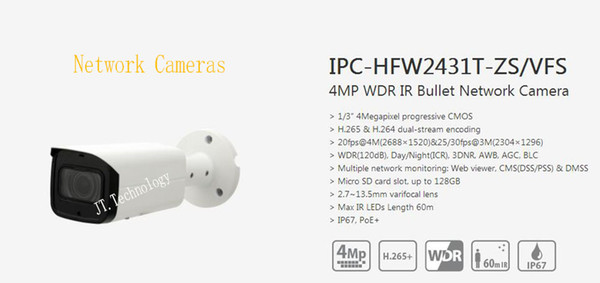 In Stock Free Shipping DAHUA Security CCTV IP Camera 4MP WDR IR Bullet Network Camera With POE with Logo DH-IPC-HFW2431T-ZS