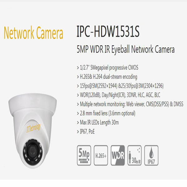 In Stock Free Shipping DAHUA Security IP Camera 5MP WDR IR Eyeball Network Camera With POE IP67 Without Logo IPC-HDW1531S