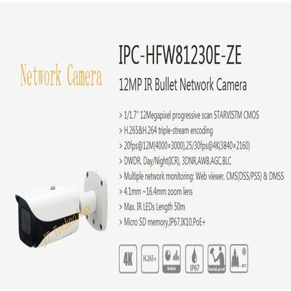 Free Shipping DAHUA Security IP Camera 12MP IR Bullet Network Camera IP67 IK10 With POE With Logo IPC-HFW81230E-ZE