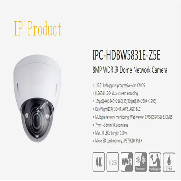 Free Shipping DAHUA Security IPC 8MP WDR IR Dome Network Camera With POE+ IP67 SD Card Memory 128G No Logo IPC-HDBW5831E-Z5E