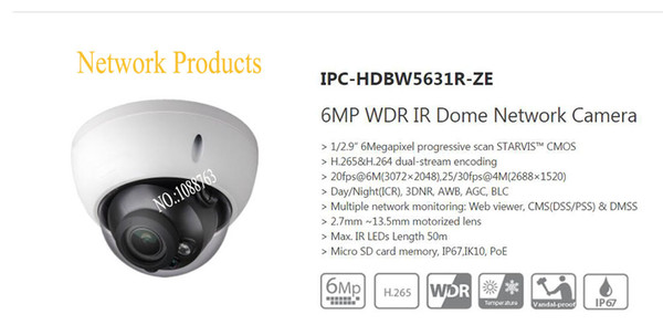 In Stock dahua Free Shipping Security IP Camera 6MP WDR IR Dome Network Camera with POE IP67 IK10 With Logo DH-IPC-HDBW5631R-ZE