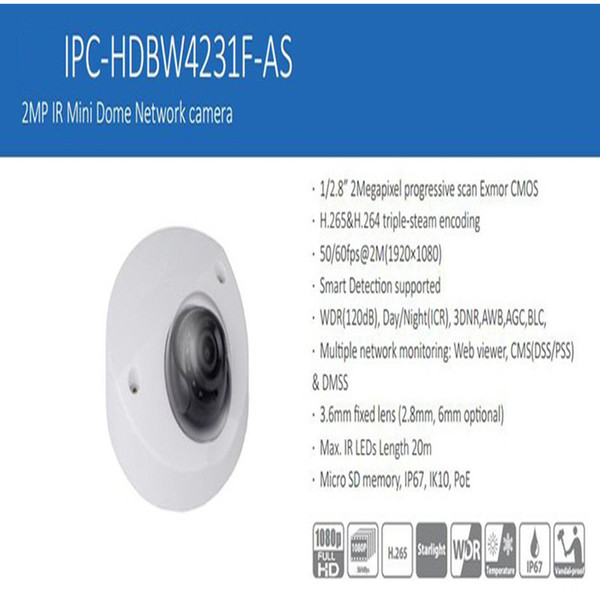 In Stock DAHUA Security IP Camera 2MP IR Mini Dome Network camera IP67 with PoE With Logo DH-IPC-HDBW4231F-AS