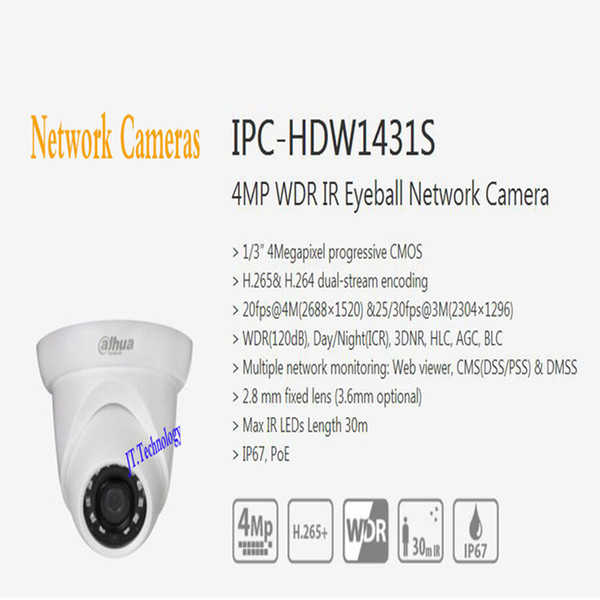 In Stock Free Shipping DAHUA Security IP Camera 4M WDR IR Eyeball Network Camera With POE IP67 With Logo DH-IPC-HDW1431S