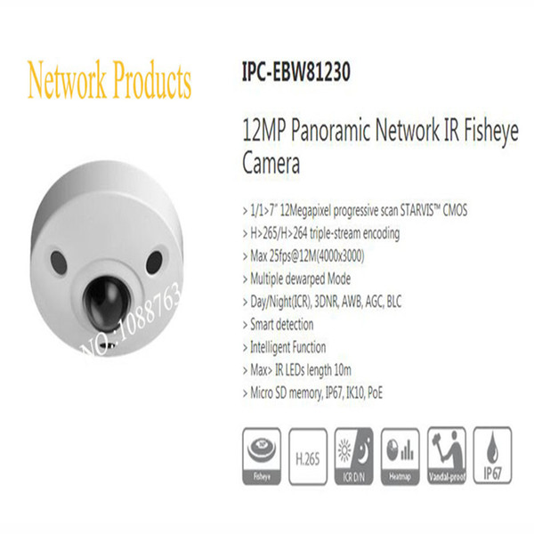 Free Shipping DAHUA 12MP Panoramic Network IR Fisheye Camera With POE IP67 IK10 With Logo DH-IPC-EBW81230