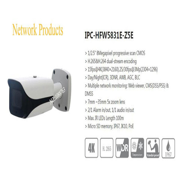 In Stock DAHUA IP Camera CCTV 8MP IR Bullet Network Camera with POE IP67 IK10 Without Logo IPC-HFW5831E-Z5E