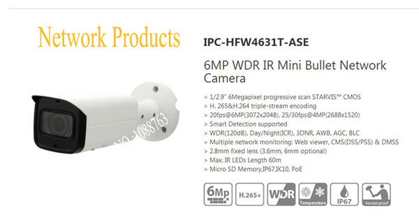 Free Shipping DAHUA Surveillance CCTV Camera 6MP WDR IR Mini Bullet Network Camera IP67 With POE Without Logo IPC-HFW4631T-ASE