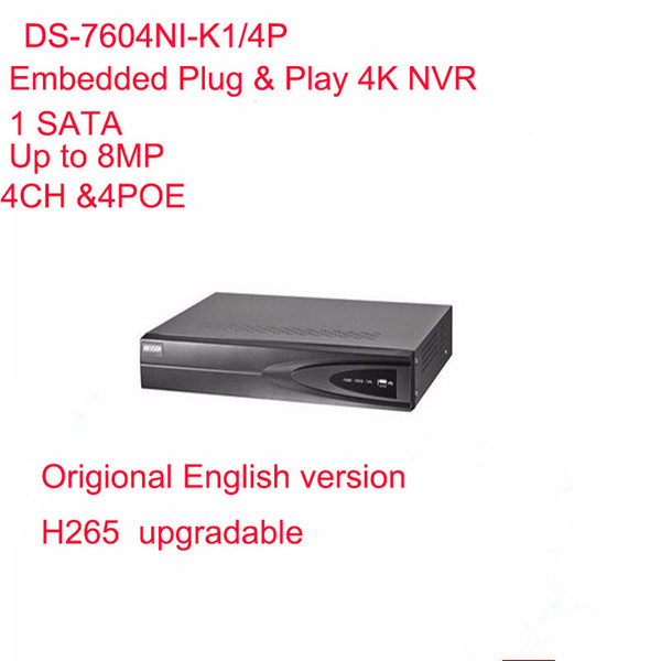 Hikvision English Version DS-7604NI-K1/4P Embedded Plug & Play 4K NVR Support H.265 Up to 8MP 4POE 4CH Network DHL Free Shipping