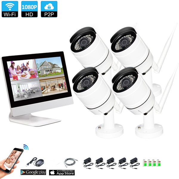 Wireless Surveillance System Network 10.1 Inch LCD Monitor NVR Recorder Wifi Kit 4CH 1080P HD Video Inputs Security Camera with 1tb hdd