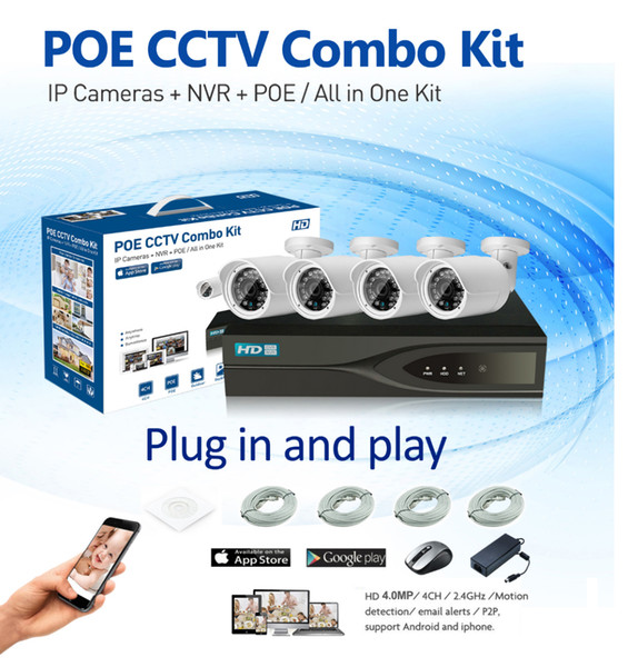 H.265 4CH 48V POE NVR Kit CCTV System 4.0MP IP Camera P2P IR IP66 Outdoor Weatherproof Video Security Surveillance System