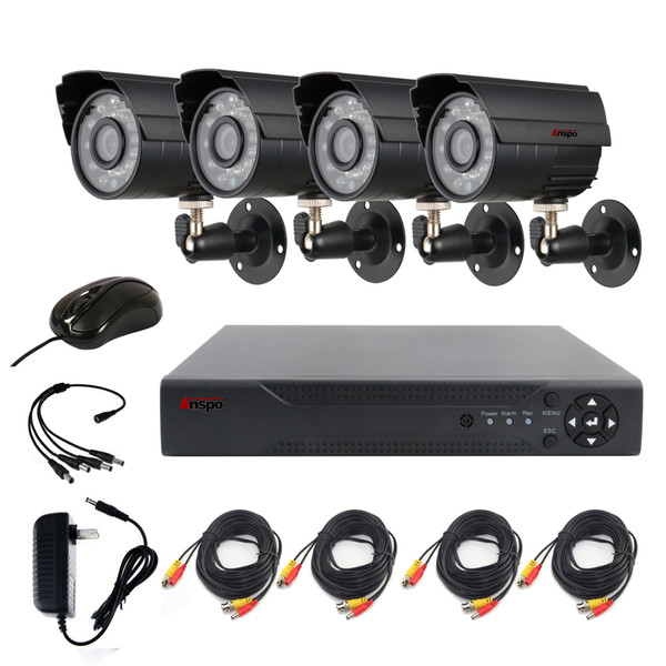 Anspo 4CH AHD Home Security Camera System Kit Waterproof Outdoor Night Vision IR-Cut DVR CCTV Home Surveillance 720P Black Camera System