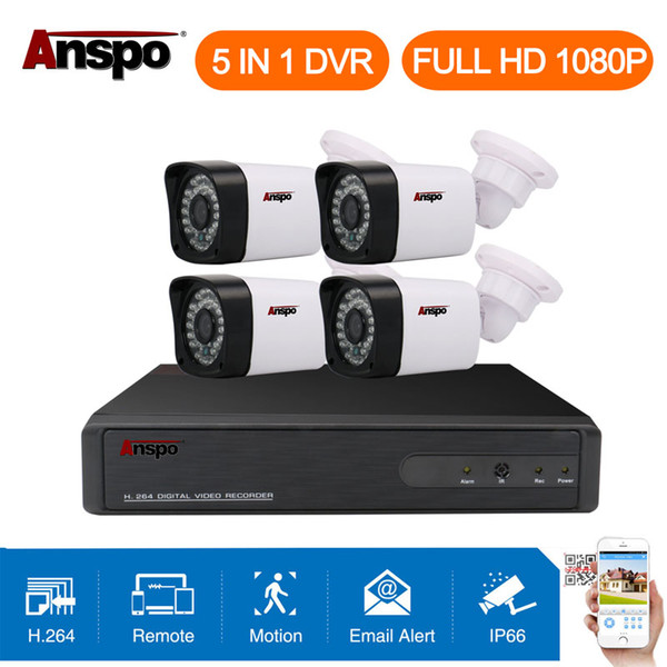 Anspo 4CH 1080P CCTV Security Camera System 5 in 1 DVR IR-cut Home Surveillance Waterproof Outdoor White Color