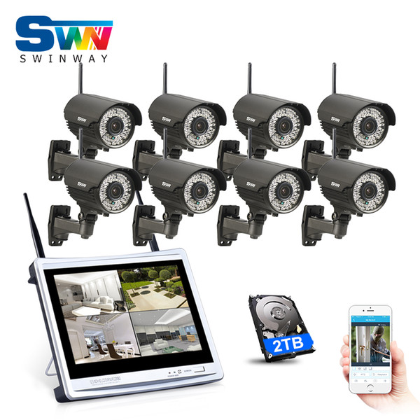 Plug And Play 8CH 12 Inch LCD Wireless NVR System+2TB HDD 960P HD Outdoor 78IR Varifocal 2.8-12mm Lens WIFI Security IP Cameras