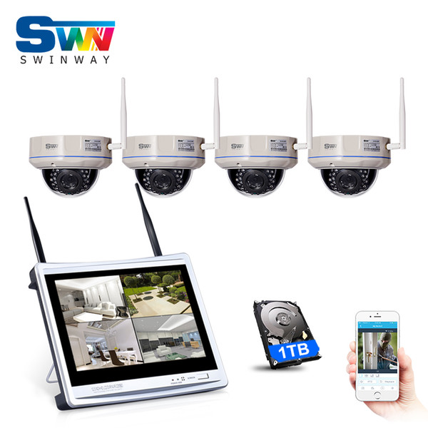 Plug And Play 4CH Wireless NVR CCTV Kit 12 Inch LCD Screen 1TB HDD 960P HD Outdoor Weatherproof 30 IR WIFI Surveillance Camera System