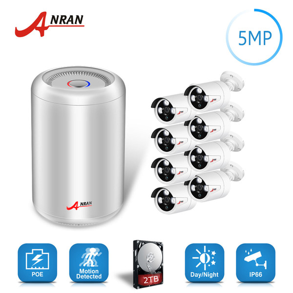 ANRAN IP CCTV POE Home Security Camera System 5MP 1944P 8CH NVR Outdoor Bullet Array IR Night Vision Included 2TB HDD