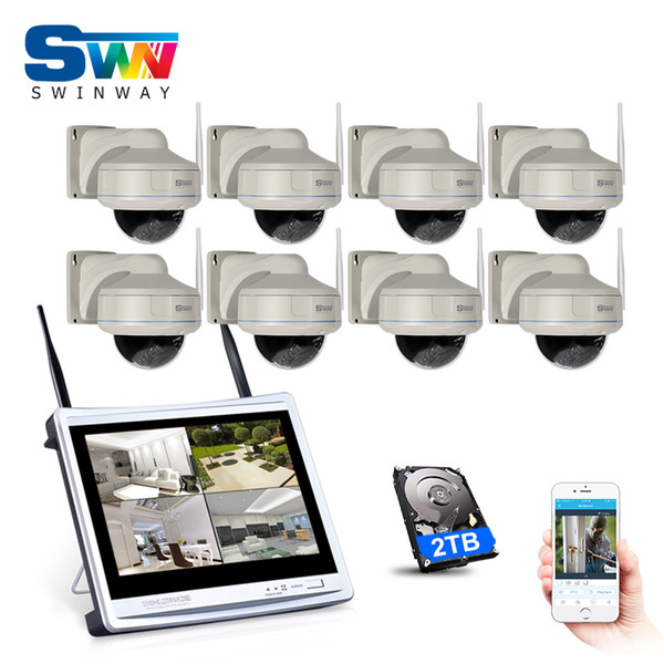 8CH Wireless Plug And Play NVR CCTV Kit 12 Inch LCD Monitor 960P HD Outdoor IR Vandal-proof Dome Fixed IP Security Camera System 2TB HDD