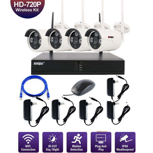 4pcs 4CH Wireless Security Camera System WiFi Camera Kit NVR 720P Night Vision IR-Cut CCTV Home Surveillance System Waterproof