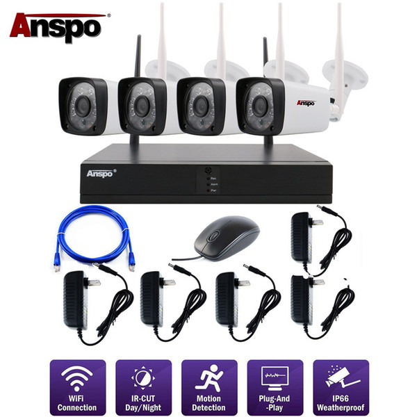 Anspo 1080P/720p Wifi Wireless CCTV Camera System Waterproof Home Surveillance Security System Plug and Play P2P NVR