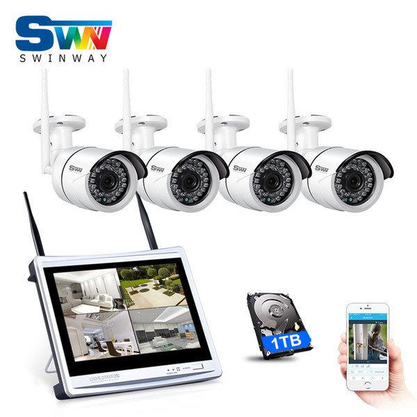 P2P Plug And Play 4CH 12 Inch LCD Monitor Wireless NVR Security CCTV System 960P HD Outdoor WIFI IP Camera Home IR Surveilance Kits 1TB HDD