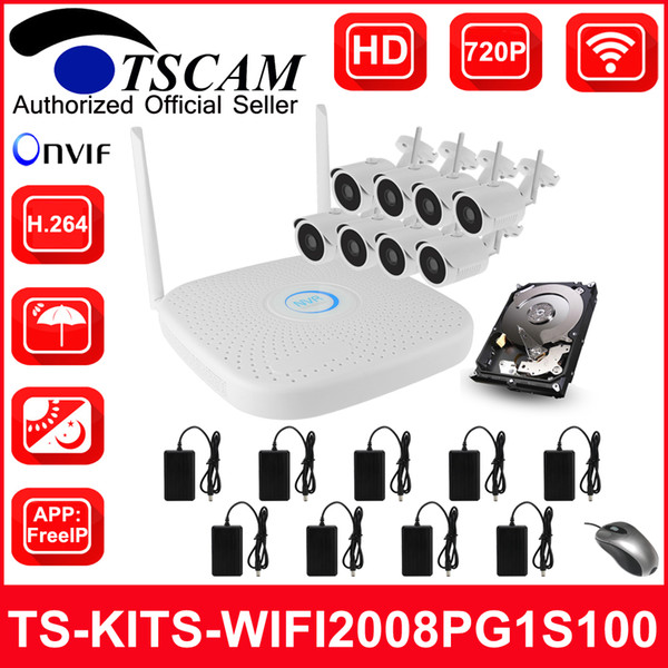 TSCAM new 8CH WIFI NVR KIT HD 720P 1MP Waterproof Wireless Bullet IP Cameras ONVIF P2P Surveillance System