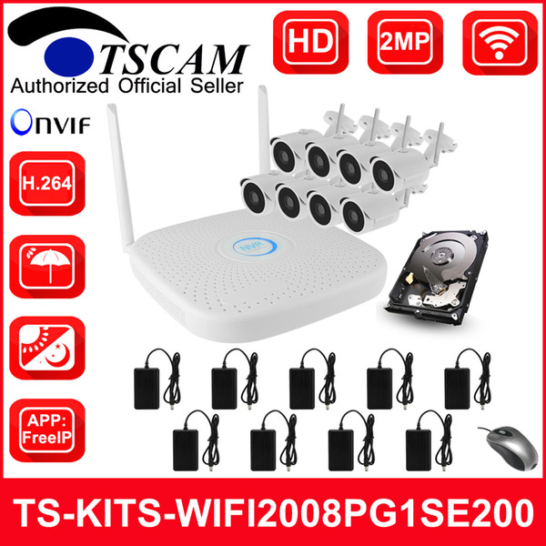 TSCAM new TS-KITS-WIFI2008PG1SE200 8CH HD 1080P 2MP Wireless NVR Kits WIFI IP Camera CCTV Security Kit Onvif IOS Android P2P