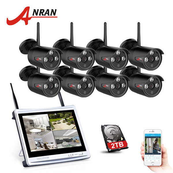 ANRAN 8CH Wireless Surveillance System 12 Inch LCD Screen Wifi NVR 720P HD Outdoor Night Vision Security Camera System 2TB HDD Optional