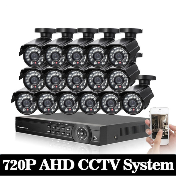 16CH CCTV System AHD 1080P DVR 16CH Surveillance Security KIT With 16pcs 1.0MP Bullet AHD Camera Outdoor Waterproof With HDD