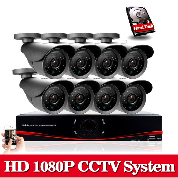 NINI 8CH AHD DVR System 8pcs AHD 2.0MP 3000TVL Black outdoor Warterproof Night Vision IR Camera with IR-Cut economical cctv system