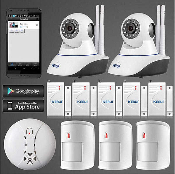 LS111- KERUI 720P WiFi IP Camera Alarm System for Home Burglar Security Pet Immune Detectors+smoke/fire detector+door/window gap sensor