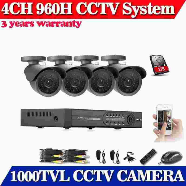 960H 4CH HDMI DVR Outdoor Home Video With 4 PCS Black Waterproof 1000TVL CCTV Security Camera System With 1TB HDD