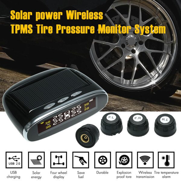 Solar Power Wireless TPMS Tire Pressure Monitor System with 4 external Sensors Auto Security Alarm Systems Car Accessories