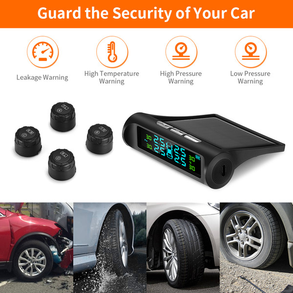 Zeepin Tyre Pressure Monitoring System Solar TPMS Digital LCD Display Auto Security Alarm Systems with 4 External Sensors