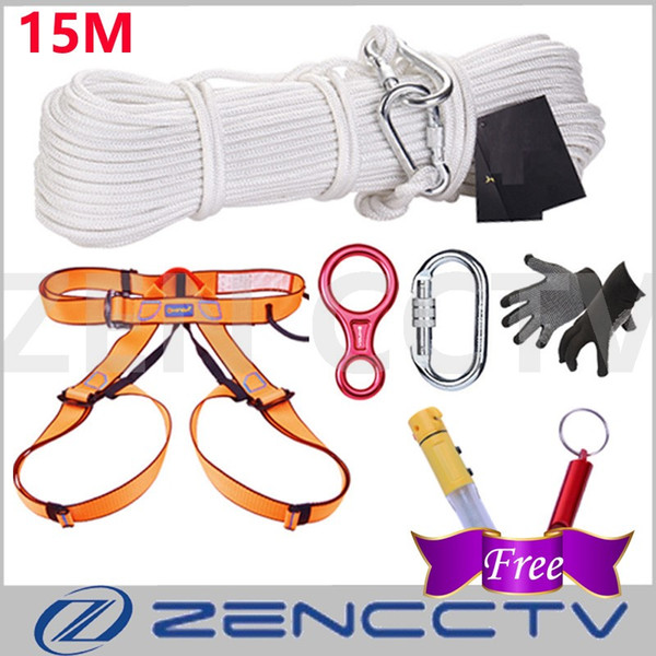 Home Escape System 15M Outdoor Climbing Rescue Rope Safety Belt Gloves Main Lock Descender With Hammer Survival Whistle For Free