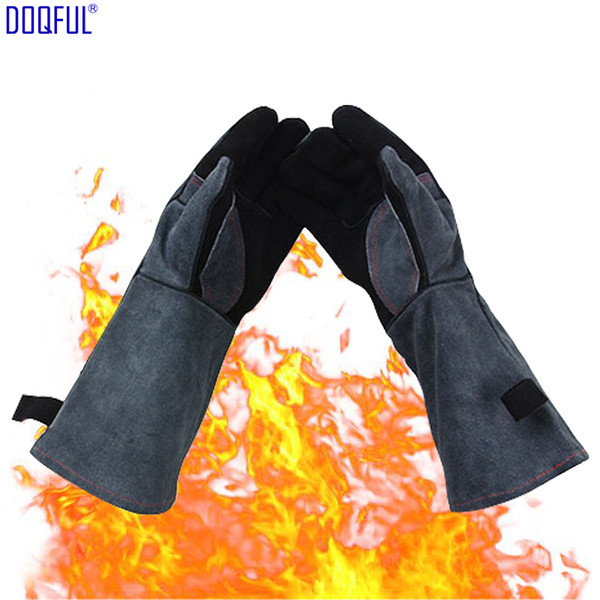 BBQ Cowhide Gloves High Temperature 500 Degrees Celsius Fireproof Microwave Oven Gloves Heat Insulation Welding Baking Antiskid Welder's Glo