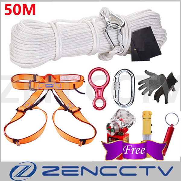 Home Escape System 50M Outdoor Climbing Rescue Rope Safety Belt Gloves Main Lock Descender Free Hammer Whistle Antigas Mask