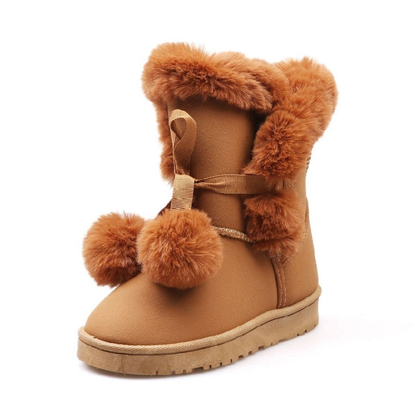 Cute Warm Women Snow Boots Suede Winter Shoes Mid-Calf Fur Ball Plush Boot Female Fashion Non-Slip Bow Lady Casual Shoes QBT1045